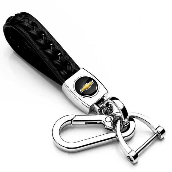 iPick Image for Chevrolet Golden Logo Braided Rope Style Genuine Black Leather Key Chain, Official Licensed