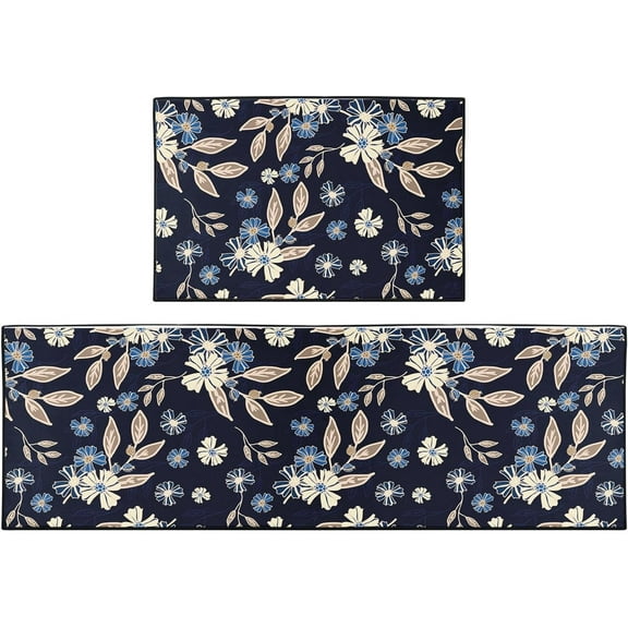Black Kitchen Mat Flower Leaves Kitchen Rugs Sets of 2, Non-Slip Vintage Spring Kitchen Floor Mats for in Front of Sink Kitchen Decor for Dining Room, Floor Home, Sink, Laundry