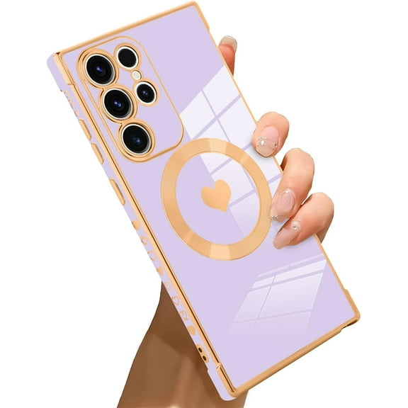 for Samsung Galaxy S23 Ultra 5G Case [Support Magsafe] Love Heart Pattern Magnetic Plating Luxury Elegant Case Camera Protector Soft TPU Shockproof Protective Corner Back Cover -Purple