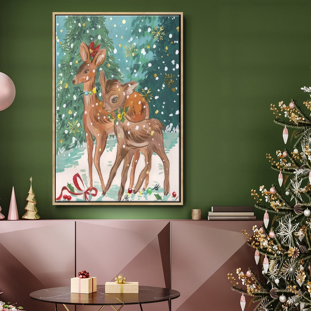Doe and Fawn I - Framed Gallery Wrapped Holiday Canvas - 25 x 37 - Natural Wood Frame