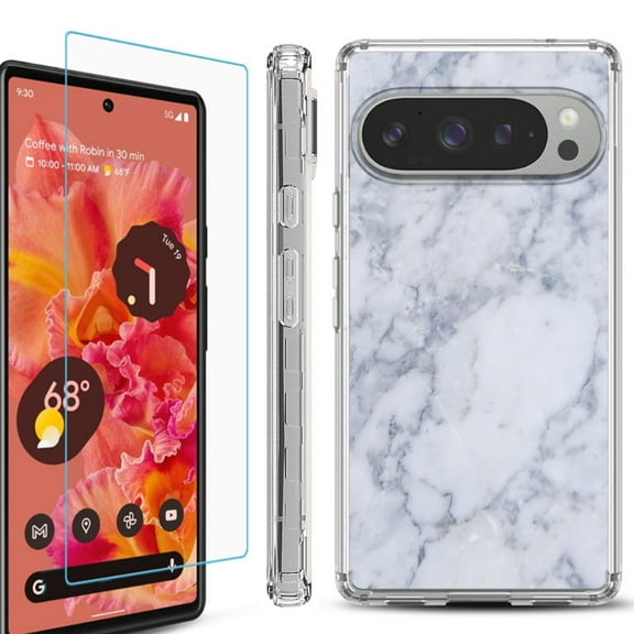 For Google Pixel 9 / 9 Pro Phone Case Cover, Shockproof Bumper Case with Tempered Glass Screen Protector, by OneToughShield - Marble / Clouds
