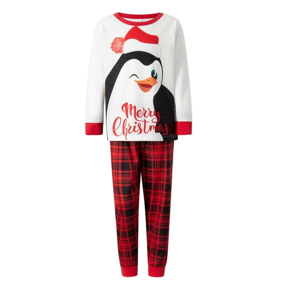 Gureui Family Matching Christmas Pajamas, Cartoon Penguin Print Long Sleeved Tops+ Elastic Waist Plaid Pattern Trousers
