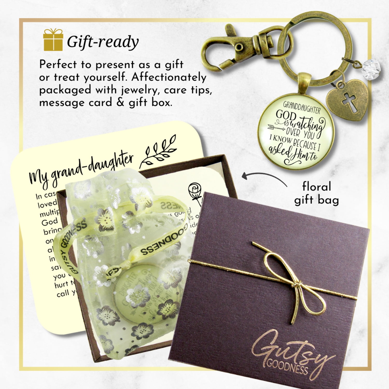 Granddaughter Keychain Gutsy Goodness Bronze Metal He Is Watching Over You Adult Female Jewelry Gift from Grandma Grandpa