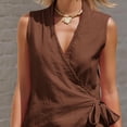 thumbnail image 6 of SOOMLON Linen Outfits for Ladies Plus Size V Neck Front Tie Sleeveless Shirts Asymmetrical Blouse Short Two Piece Sets, 6 of 8