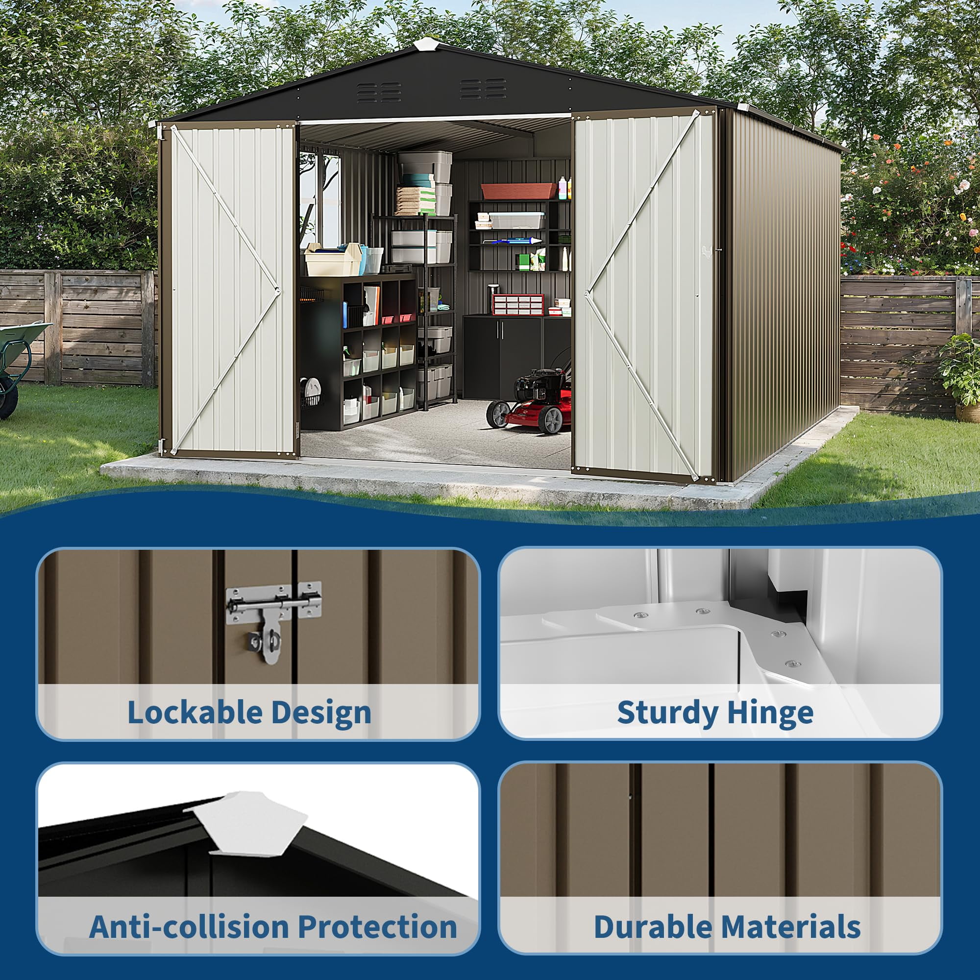 10X12 FT Storage Shed，Lockable Gable Roof Garden Shed with Grid Window, All-Weather Resistant Storage Unit for Bikes, Ladders, Patio Supplies & Garden Essentials