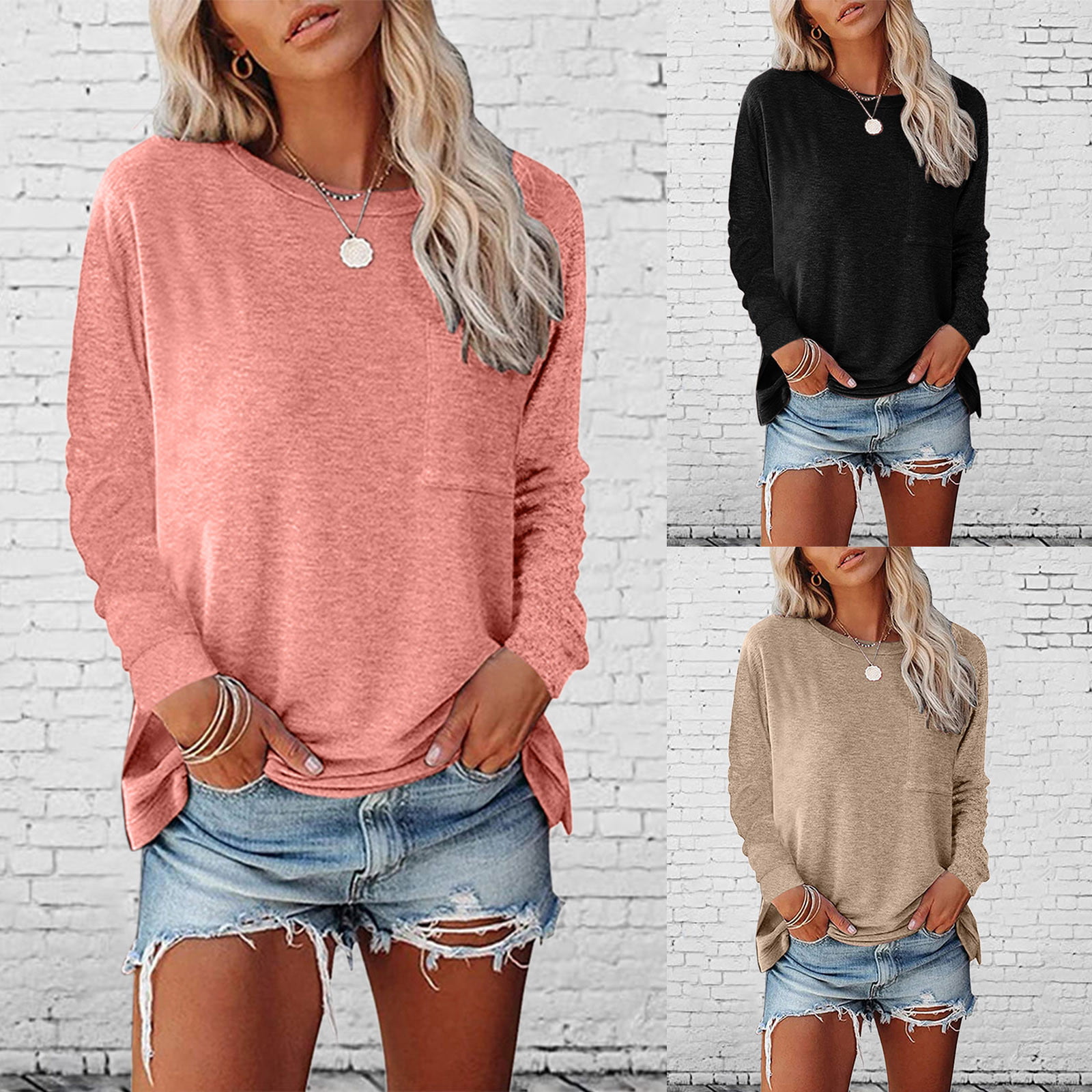 Womens Solid Color Round Neck Pocket Long Sleeve Tops - Walmart.com