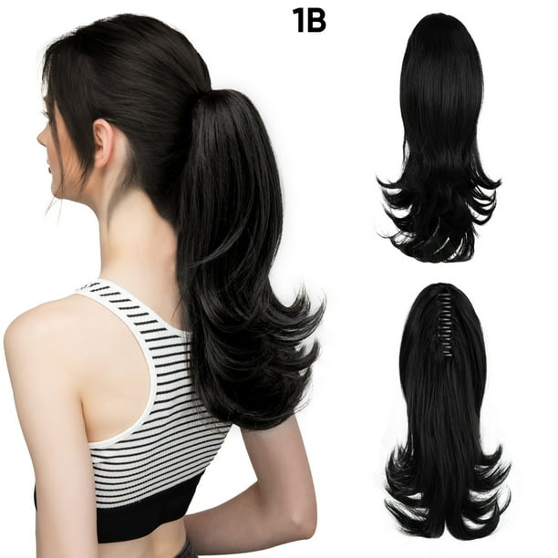 Extensión de cola de caballo, extensiones de cabello de cola de caballo con clip de garra corta, colas de caballo rizadas para mujeres, extensiones de cabello de aspecto natural (negro)