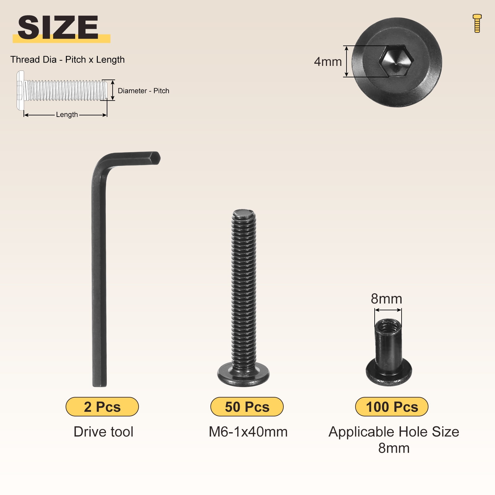 Furniture Connector Bolt Cap Nut Kit with Wrench(M6-1x40mm) 100Pcs, Connector Bolts M6 Countersunk Screw Barrel Nuts Binding Screws, for Chair Cabinet Bed, Black