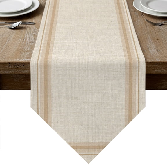 Tan Stripes Table Runner Linen Burlap Table Runner 60 Inches Long Modern Minimalist Lines Grid Beige Dresser Scarves for Kitchen Island Coffee Dining Room Party Wedding Banquet Holiday Decor 13"x60"