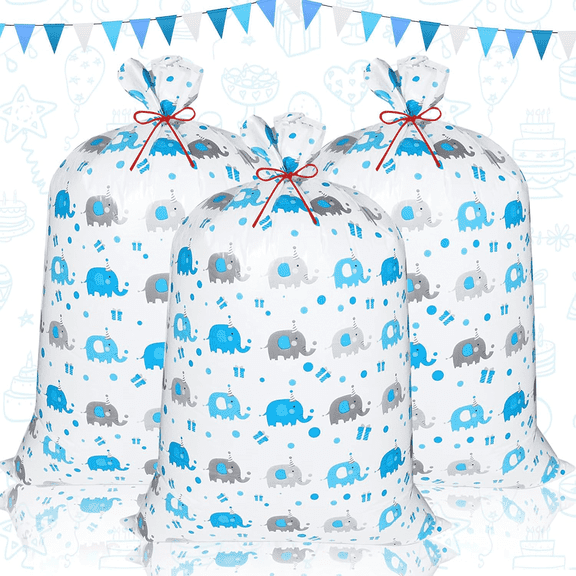 YUANSONG 3 Pack 56-Inch Large Party Gift Bags, Blue Elephant Oversized Plastic Gift Bags for Birthday, Baby Shower, Christmas, Holiday Party, XL Size ,with Tie Ropes