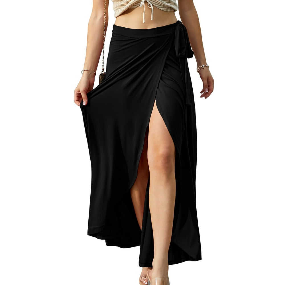 Doublju - Doublju Women's Tie Waist Flared Wrap Maxi Skirt (Plus Size ...