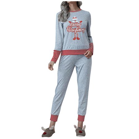 

BIZIZA Pajama Sets for Women Comfortable Christmas 2 Piece Soft Long Sleeve Crew Neck Cami Pants Light Gray XXXL