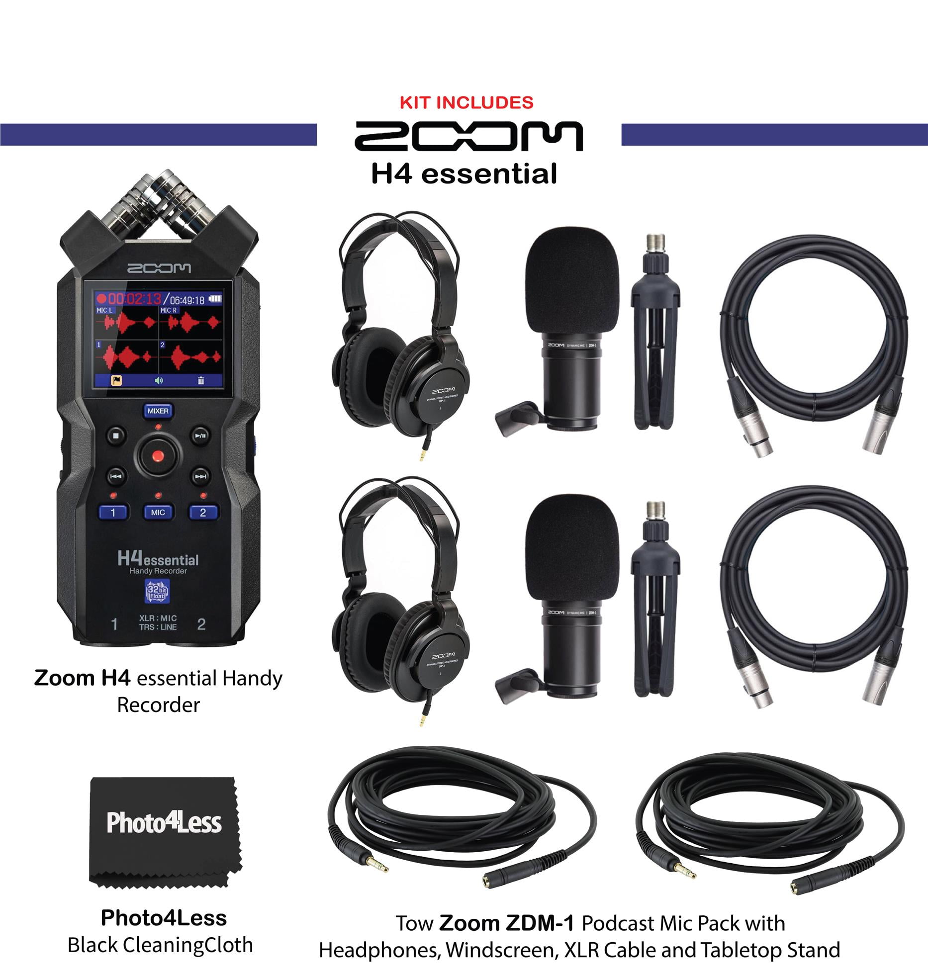 Zoom H4essential 4-Track Handy Recorder Bundle with 2x Zoom ZDM-1 Podcast Dynamic Microphone, ZHP-1 Headphones, TPS-4 Tripod, Windscreen, XLR Cable