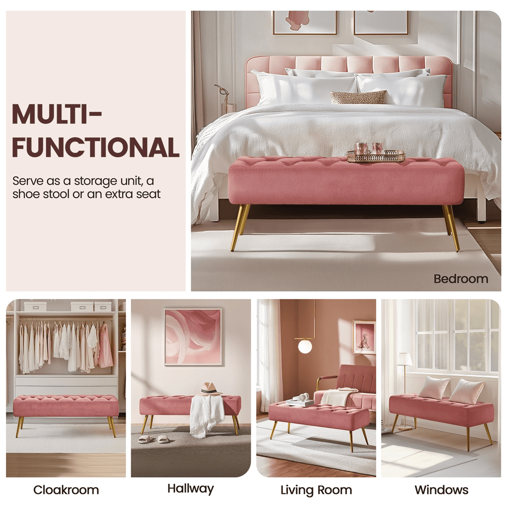 Alden Design Modern Ottoman Velvet Footstool Bench for Bedroom, Pink