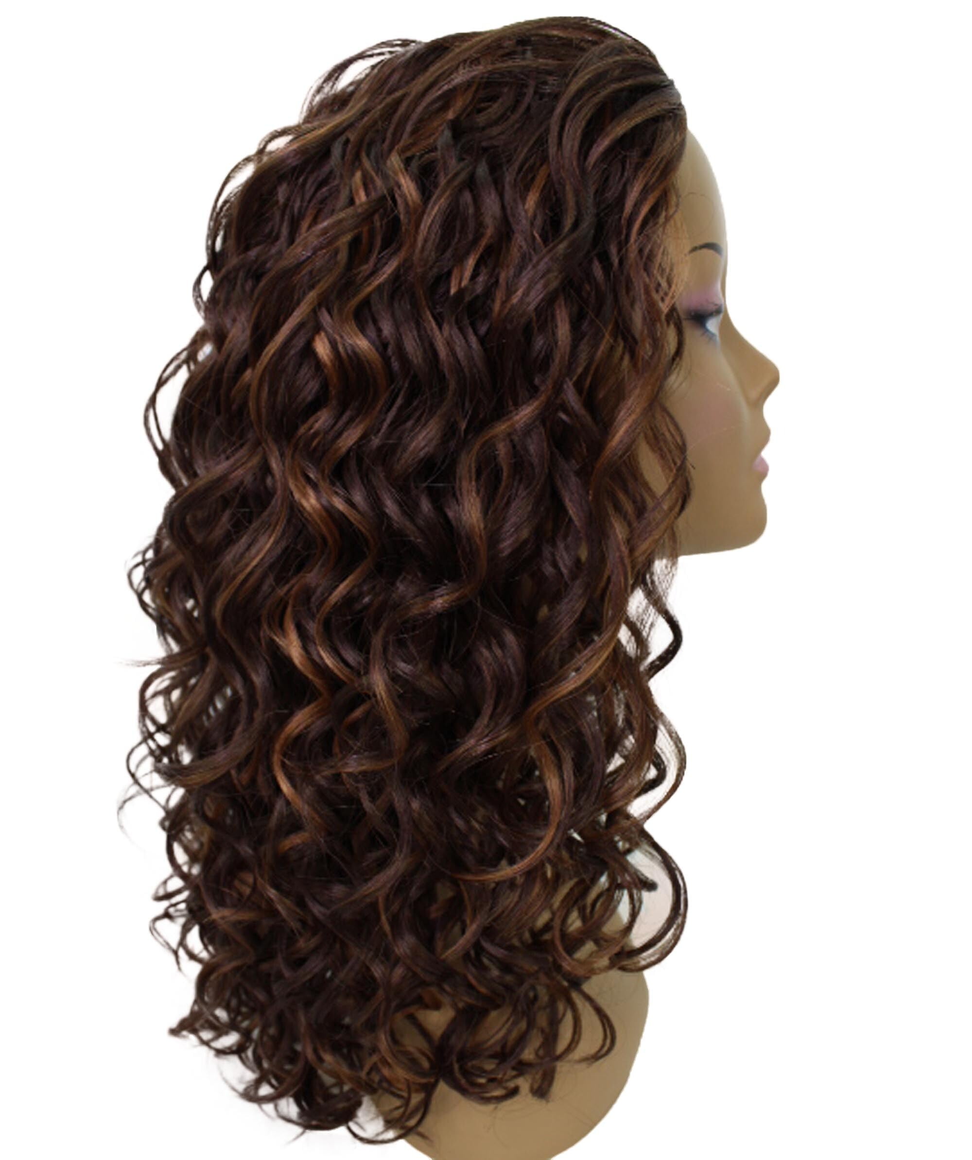 LUXLUXE Edwina Curly Layered 17 in Long Half Wig Mix Human Hair and Synthetic Fibers, Brown with Caramel Highlights