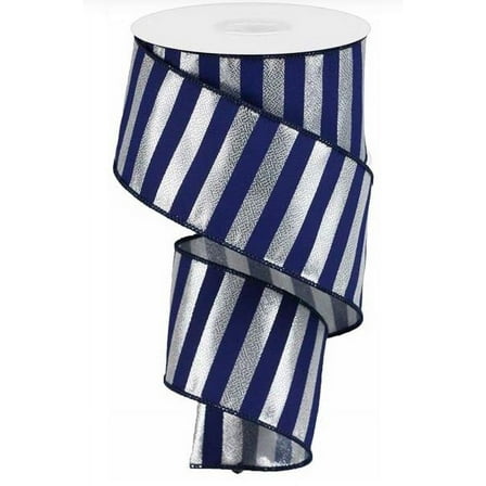 Striped Wired Ribbon, Blue Silver, 2.5 Inch x 10 Yard