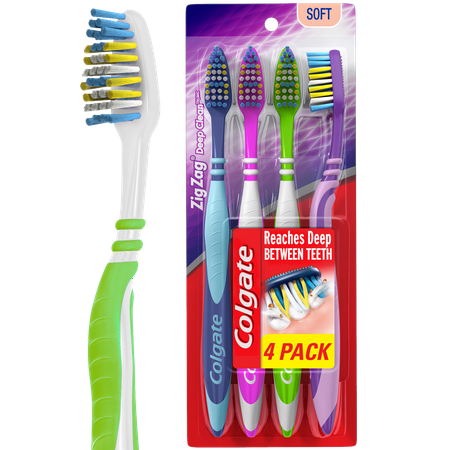 Colgate Zig Zag Deep Clean Manual Toothbrush with Tongue and Cheek Cleaner, Soft, 4 Ct