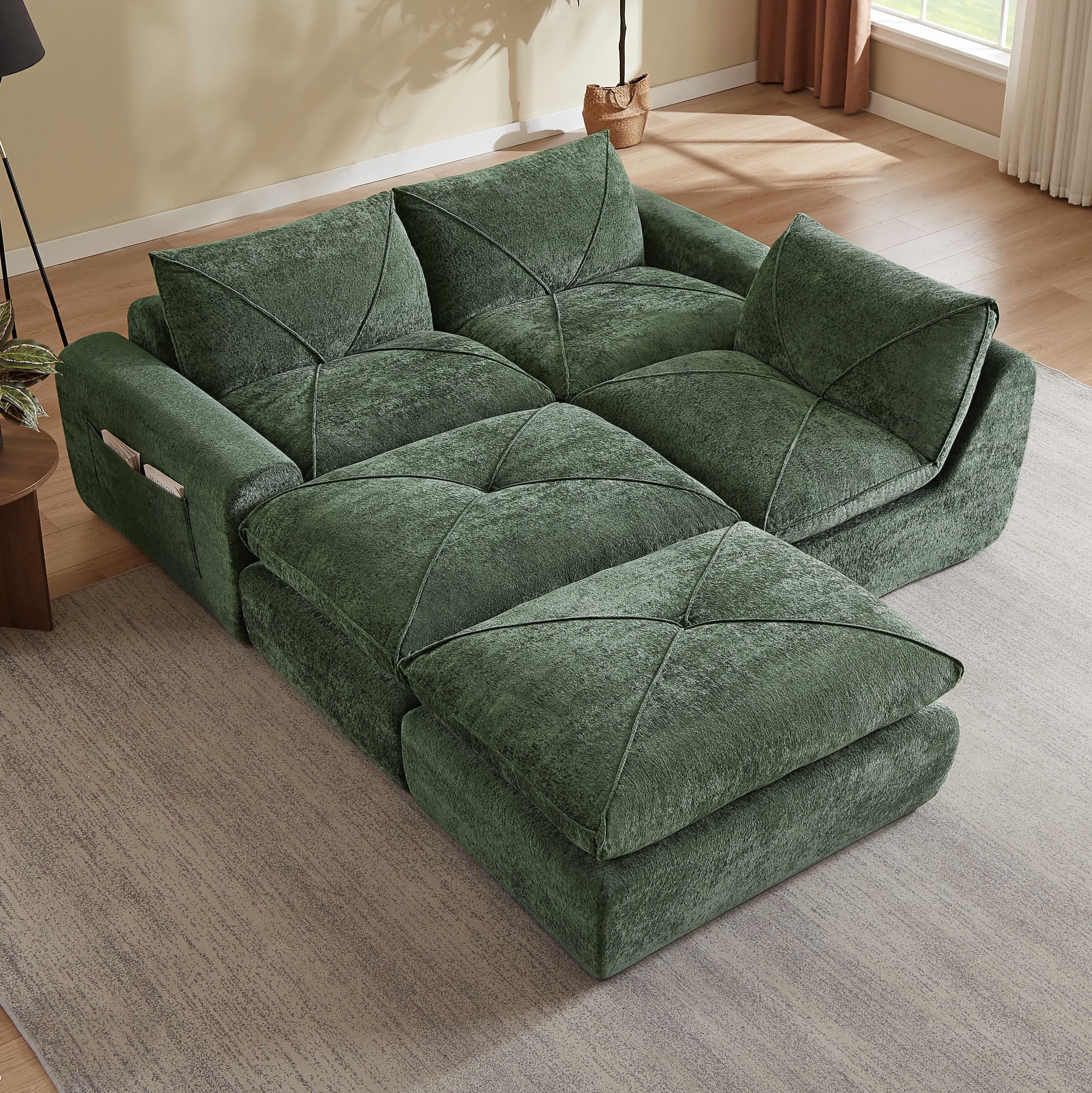 MAYEERTY 119" Green Chenille U-Shaped Modular Sectional Sofa, Spring Support for Living Room Apartment