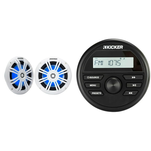 Kicker KMC2 Gauge Mount Marine Grade Receiver & 51KM604WL 6.5" White LED Speakers bundle