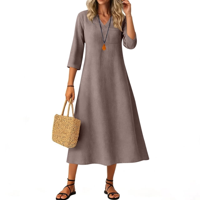 Robes de Cocktail pour Femmes Longues Manches 3/4 Robe en Coton et Lin Femmes Ample Décontractée Été Boho Robe Maxi Fluide Ligne A Robes de Vacances Brun G