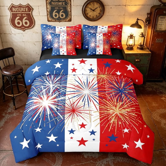 Manfei Firework Star Twin Bedding, Red White Blue Stripe Bedding Comforter Set, Black Reversible 7-Piece