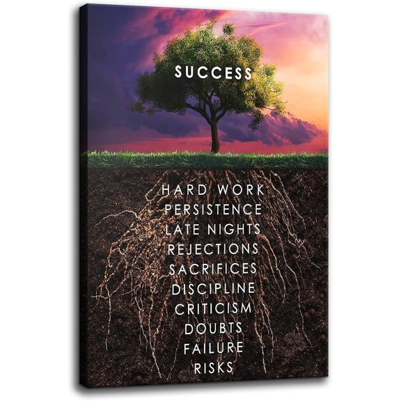Success Tree Wall Art HD Printed Pictures Canvas Inspirational Motivation Entrepreneur Quotes Pictures Posters Home Decor Nordic Painting Frame for Living Room Ready to Hang [18''''W x 12''''H]