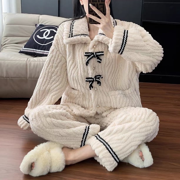 Pijamas de mujer otoño e invierno de franela para el hogar, forro polar coral grueso con forro polar dulce