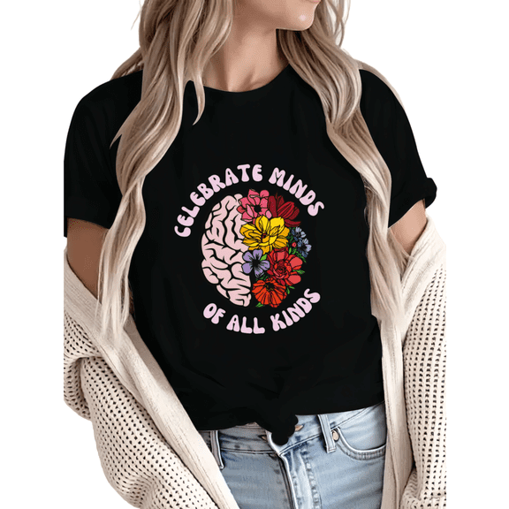Giffimy Women Celebrate Minds Of All Kinds Floral Brain Graphic Short Sleeve T-Shirt Casual Cotton Crewneck Top