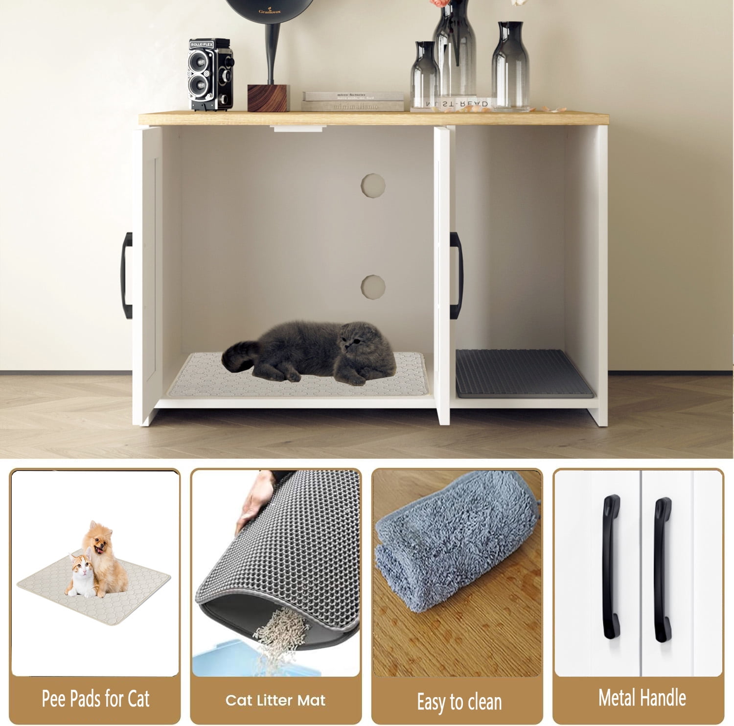 Cat Litter Box Enclosure, Hidden Litter Box Furniture with Divider, Indoor Cat House, Wooden pet House Side Table, for Living Room, Bedroom,White