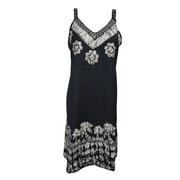 Mogul Women's Black Strappy Tank Dress Tie-Dye Embroidered V Neck Sundress XS