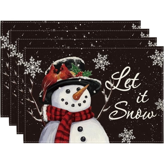 Black Snowman Let It Snow Winter Placemats Set of 4, 12x18 Inch Christmas Table Mats for Party Kitchen Dining Decoration