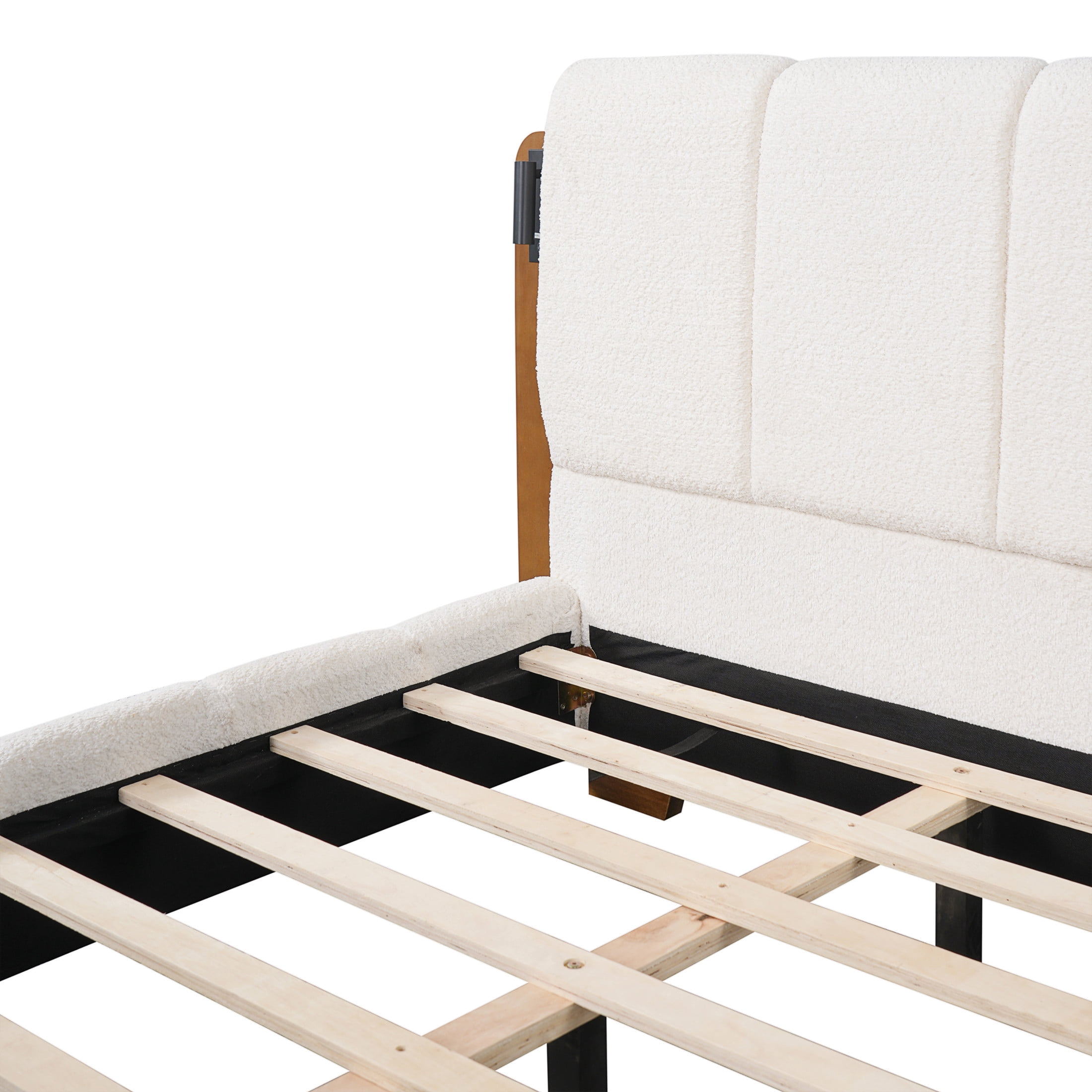 Christopher Knight Home Modern Upholstered Platform Bed with Built-in Reading Lights, King, White+Brown