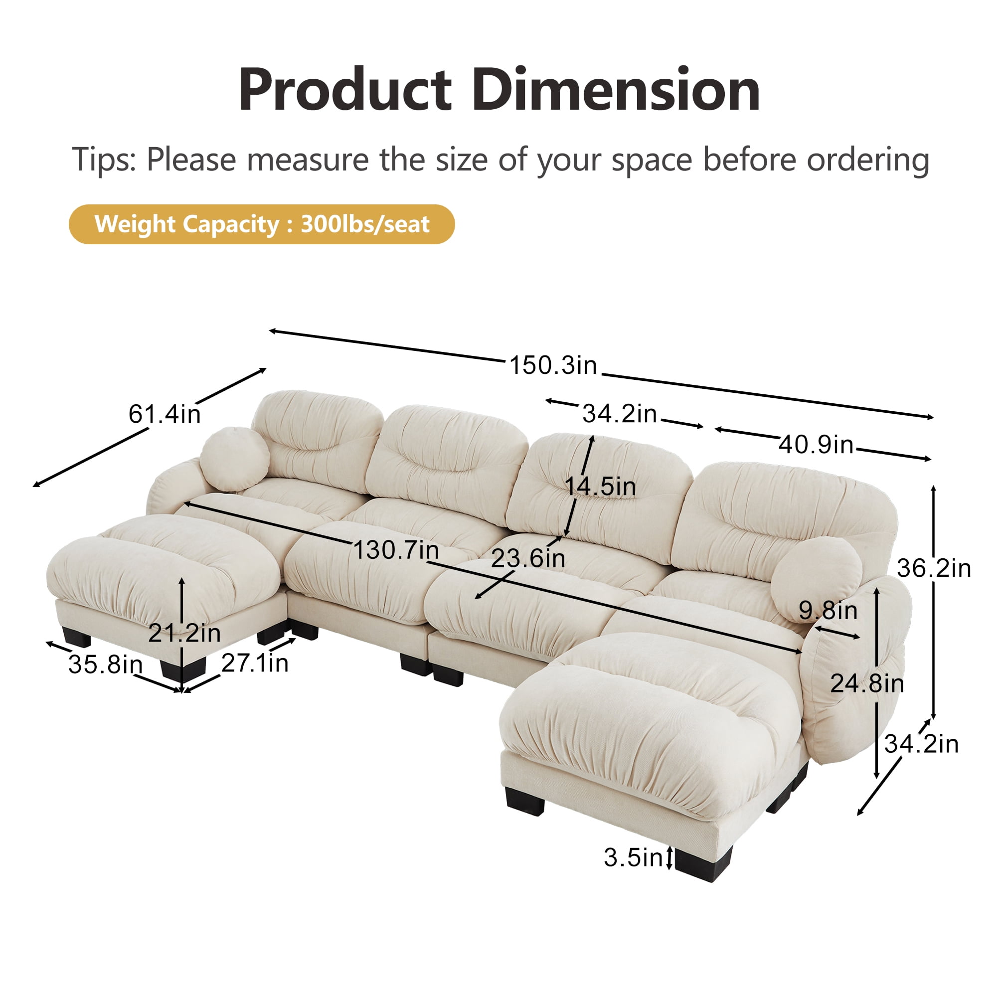 150" 4 Seater Sectional Couch Cozy Chenille U Shape Modular Sofa with 2 Ottoman and 2 Throw Pillows