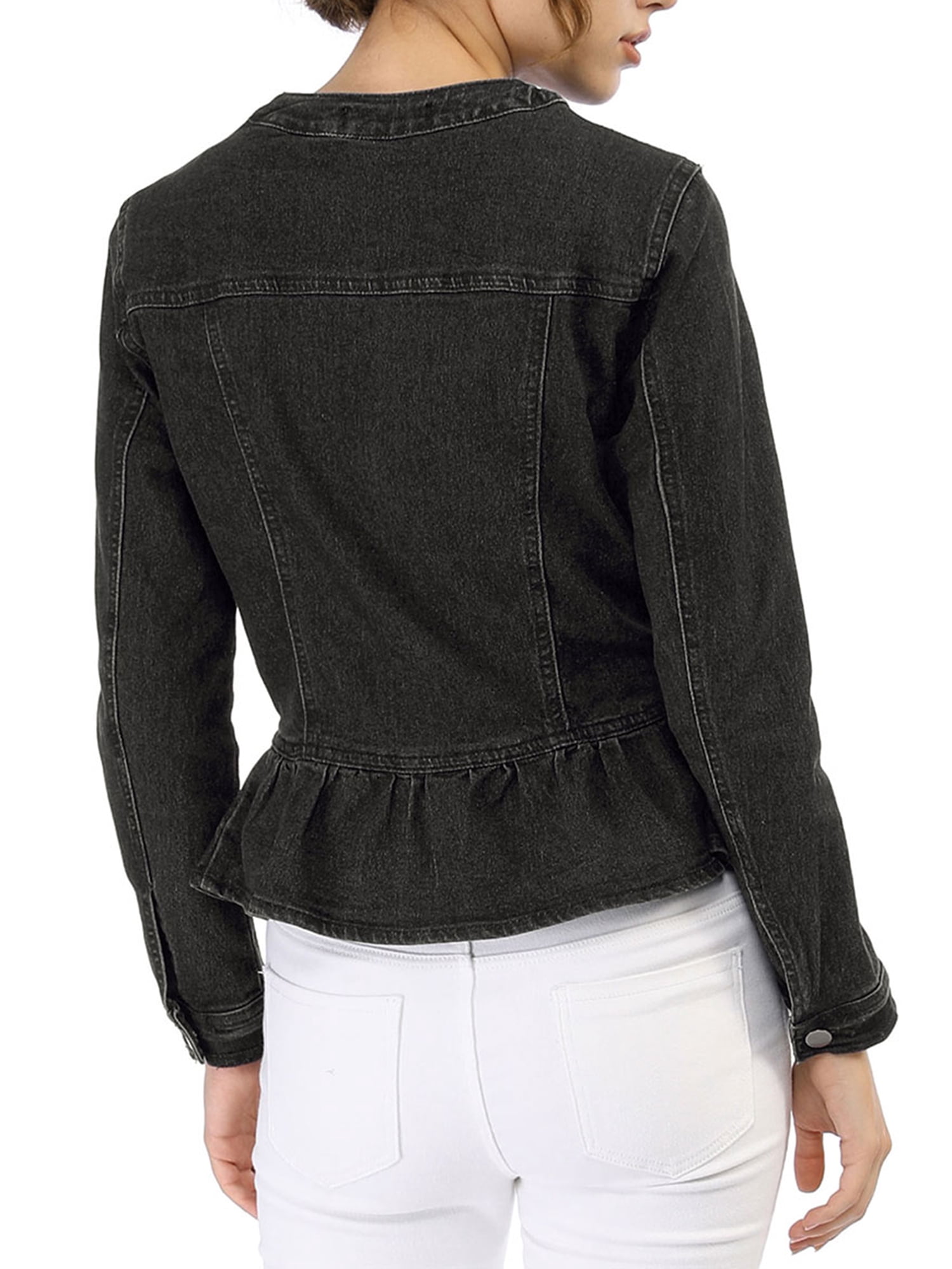 DARING DIVA Women's Button Down Cropped Ruffle Hem Denim Jacket M Black