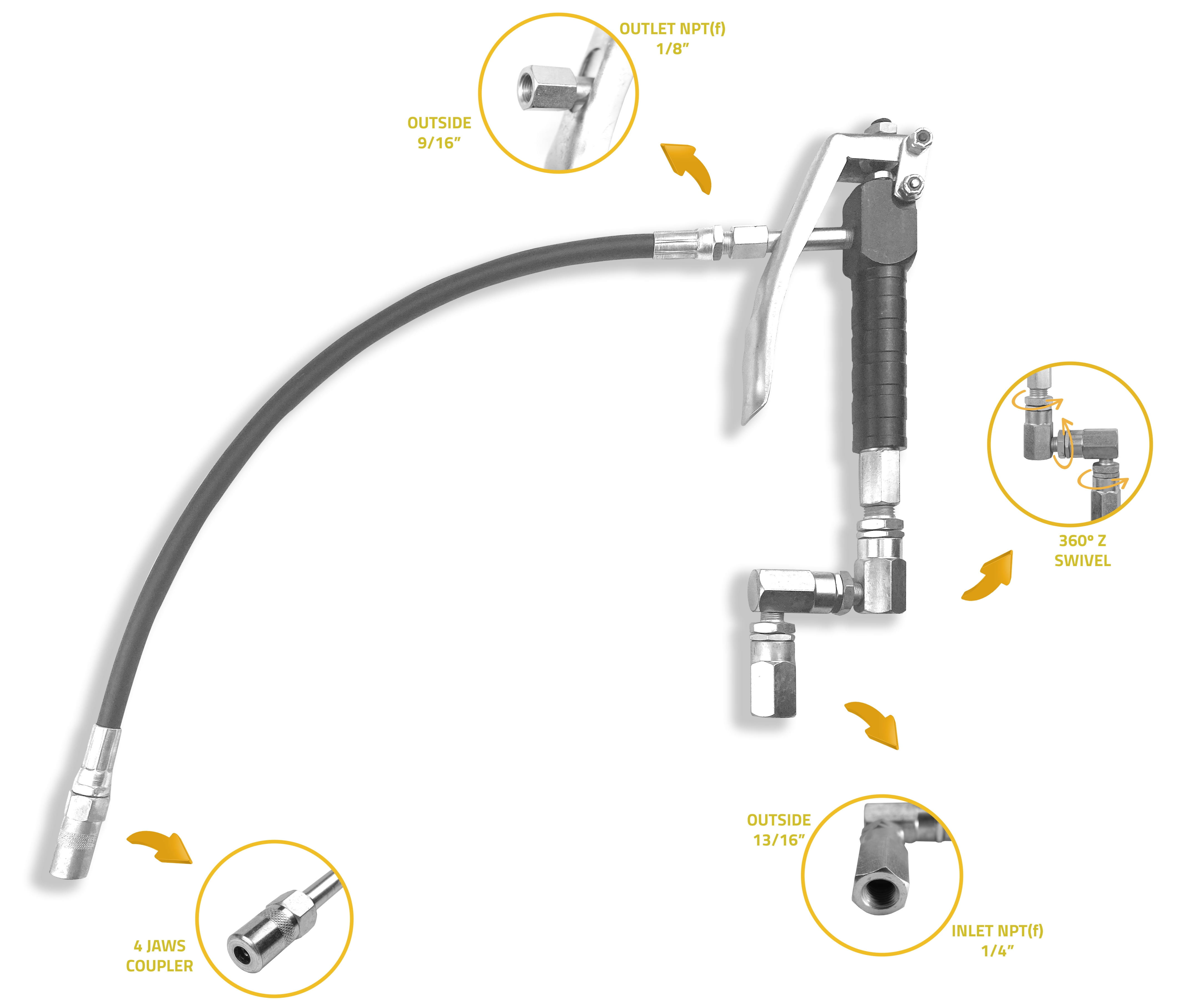  Lubeflex Control Handle Valve - Flex. spout 4 Jaws Coupler for  Grease Pump, Heavy Duty High Pressure 7,500 PSI, 1/4 inch NPT(f) Inlet with  360 Degree Z Swivel (18 Flex. Spout