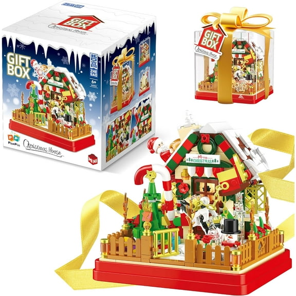 Christmas Themed Gingerbread House Building Block Set with Clear Display Box, LED, 654 Pieces Christmas Toy Set, Christmas Scene, Santa, Tree, Sled Dog, for Adult, Teen, Boy and Girl.