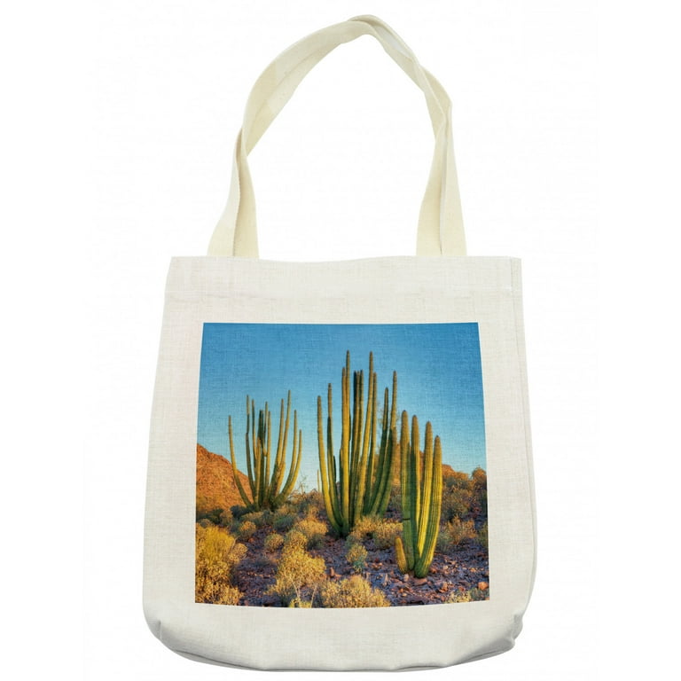 Cactus Tote Bag Photo of Nature Desert Cactus with Spikes and Mountains Open Clear Sky Image Print Cloth Linen Reusable Bag for Shopping Books Beach