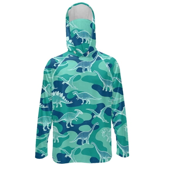 SEANATIVE Long Sleeve Sun Shirts for Men Fishing Hiking Running Tops Sun Hoodie Lightweight Breathable UV Protection Long Sleeve Rash Guard, S, Brachiosaurus Dinosaur Green Teal Camo