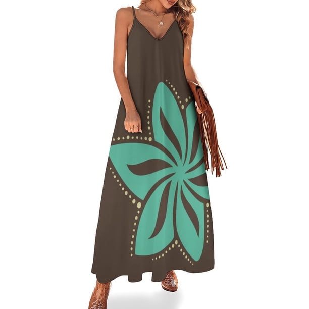 Nuevo vestido sin mangas con flores polinesias hawaianas tropicales azules retro sobre fondo marrón, vestido de mujer, falda de verano