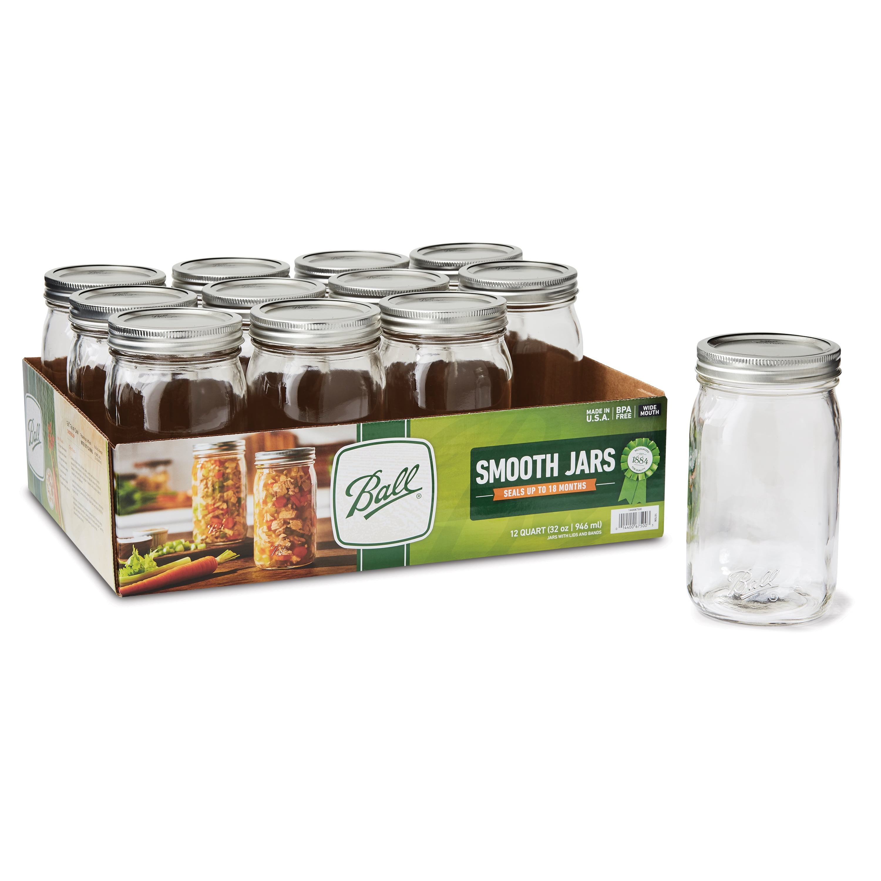 2 Pack,6 Count Ball Glass Mason Jar W/Lid & Band Wide Mouth 64 Ounces,
