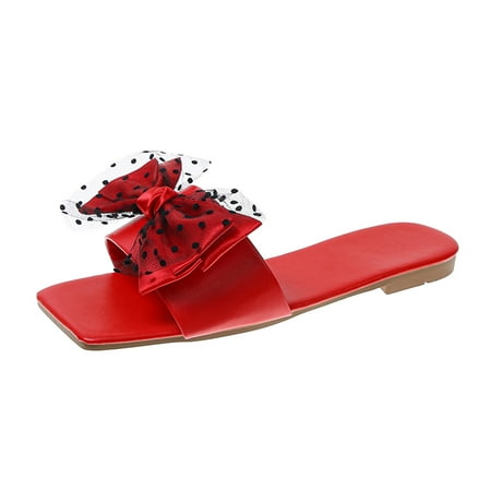 

Daznico Womens Sandals Women Lace Bow Slippers Flat Light Casual Beach Shoes ( Red 9 )