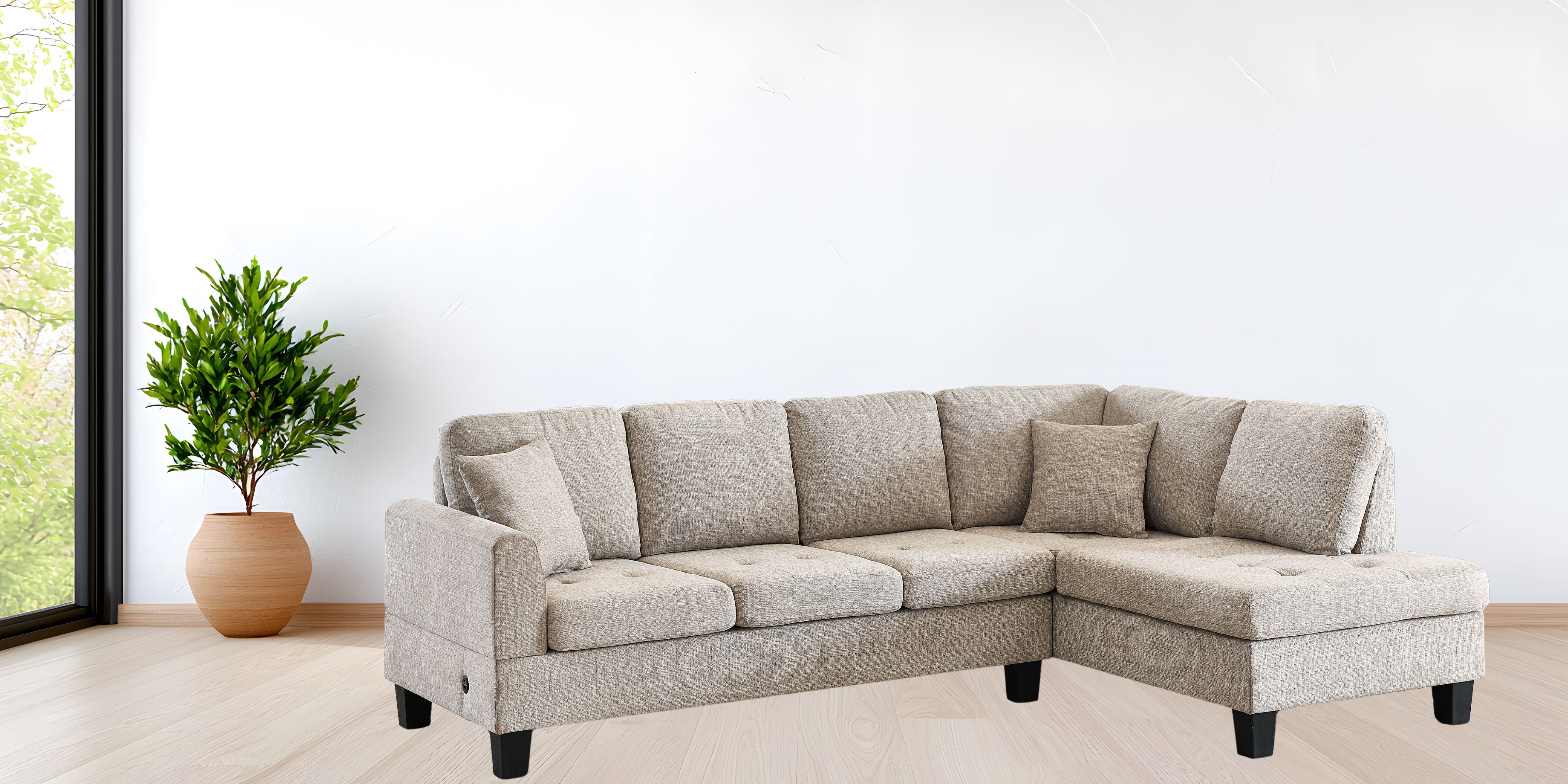 K-Living Almond Fabric Sectional with Two Accent Pillows