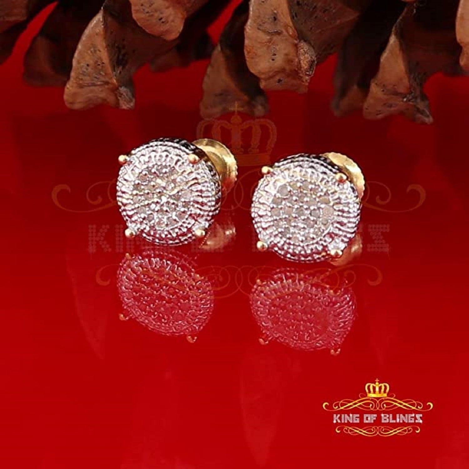 King of Bling's 925 Sterling Silver 0.10ct Diamond For Women's & Men's Yellow Stud Round Earring