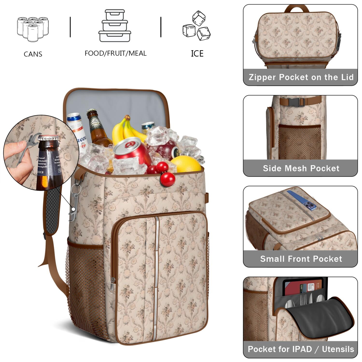 Travel Cooler Bag - Pioneer Flower Floral Print Pattern Camping Beer Cooler Backpack with Bottle Opener- Waterproof Insulated Picnic Backpacks - Cooler Bag for Beach