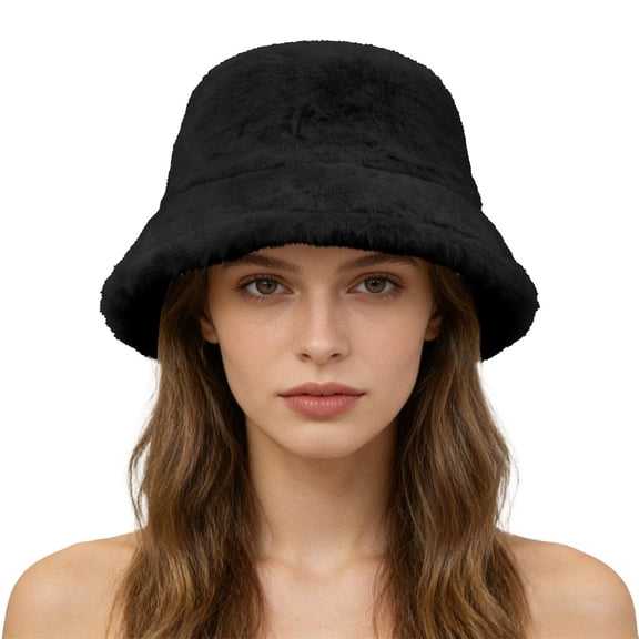 CYSFASHION Bucket Hat For Women Soft Faux Fur Wide Brim Fuzzy Fall Fashion Must Have Wool Women's Hats & Caps Black