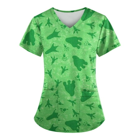 

Apepal Women Fashion Painting Print V-neck Short Sleeve with Pockets Scrub Tops