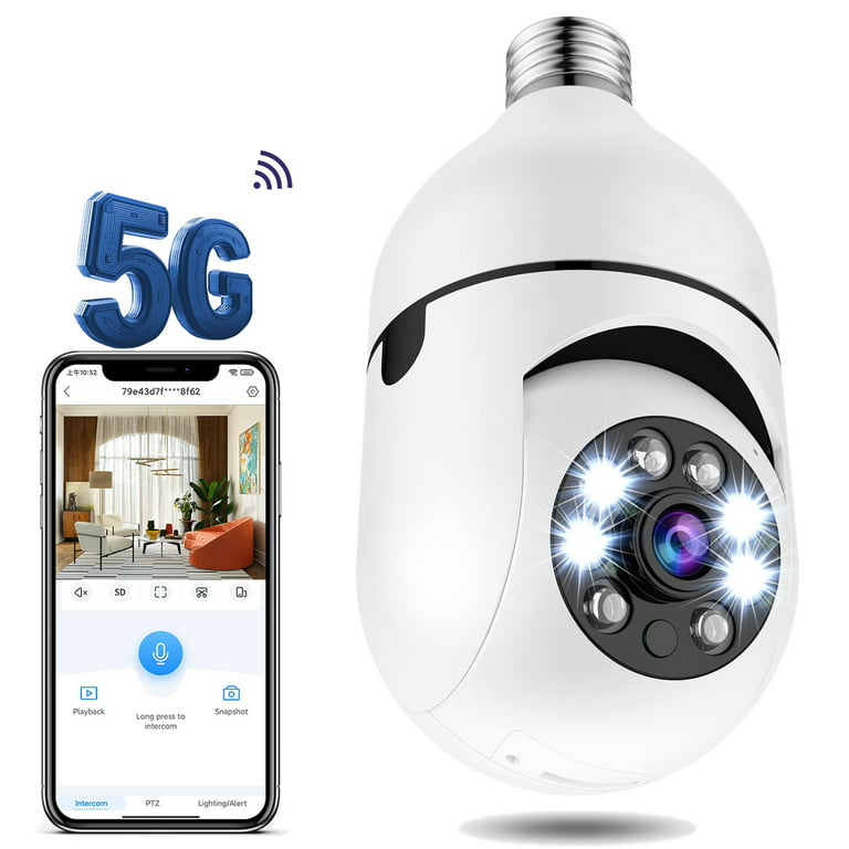 Wireless Light Bulb Security Camera 1080P,PTZ WiFi 360 Degree E27 Panoramic IP  Camera,Outdoor Indoor 360 PTZ Bulb Security Camera Night Vision,Motion  Detection,APP Access,Waterproof,Support 5G 