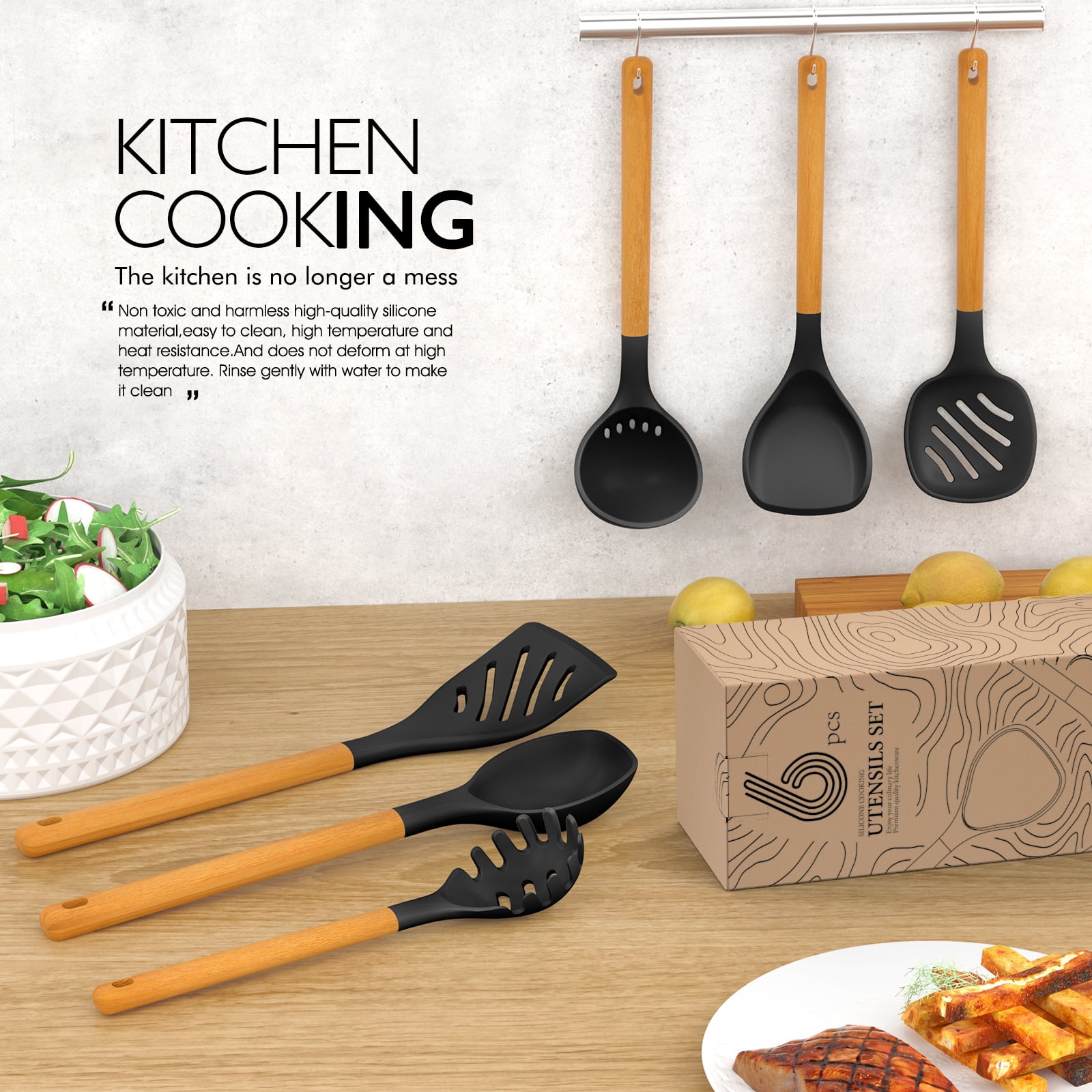 Large Silicone Cooking Utensils Set - Heat Resistant Silicone Utensils for Cooking w Long Wooden Handles, Kitchen Utensil Spatula Set, Kitchen Gadgets for Non-Stick Cookware, BPA Free(Black)