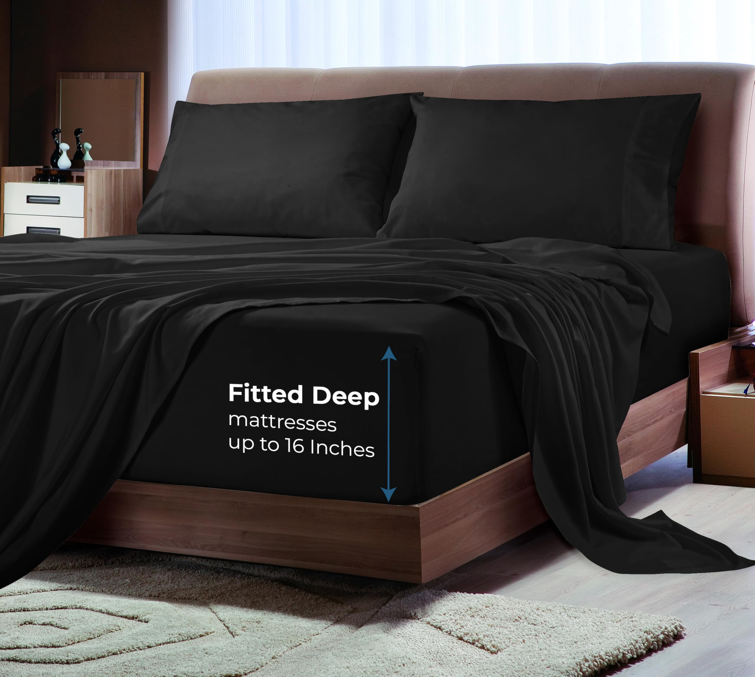 Royale Linens Bamboo Fitted Sheet Twin Only - Cooling Twin Size Fitted Sheets For Bed - Deep Pocket Up to 16" - Organic Viscose Derived from Bamboo - Breathable Bottom Sheet (39x75 Inch, Black)
