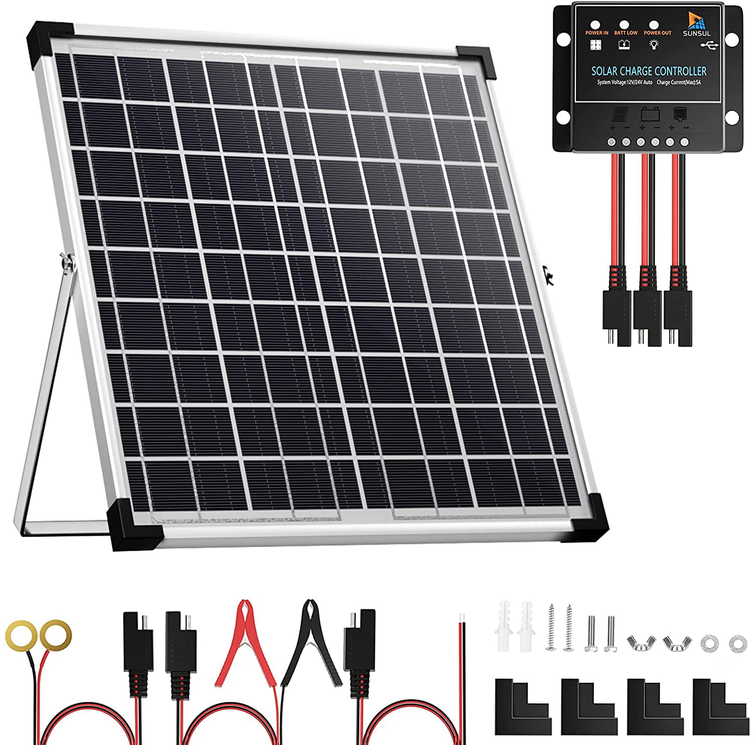 SUNSUL 30 Watt 12V Solar Panel Kit Battery Maintainer Trickle Charger 30 Watt with Accessories with Waterproof 5A 12V/24V PWM Solar Charge Controller and Adjustable Solar Panels Mount Rack Bracket 